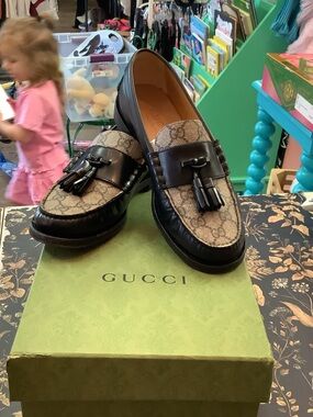 Gucci Brown GG Canvas & Black Leather Kids Tassel Loafers